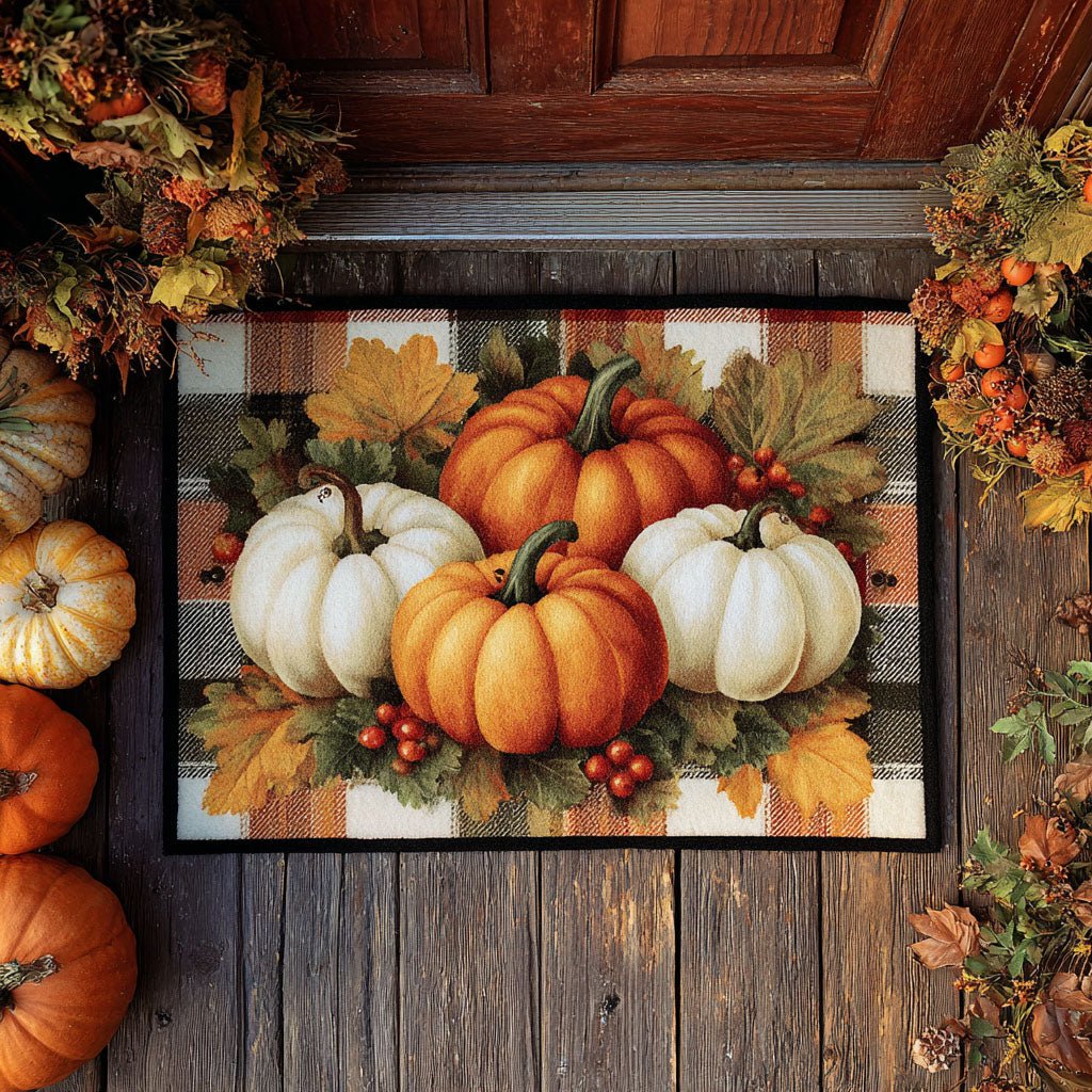 Rustic printed welcome doormat at a front door