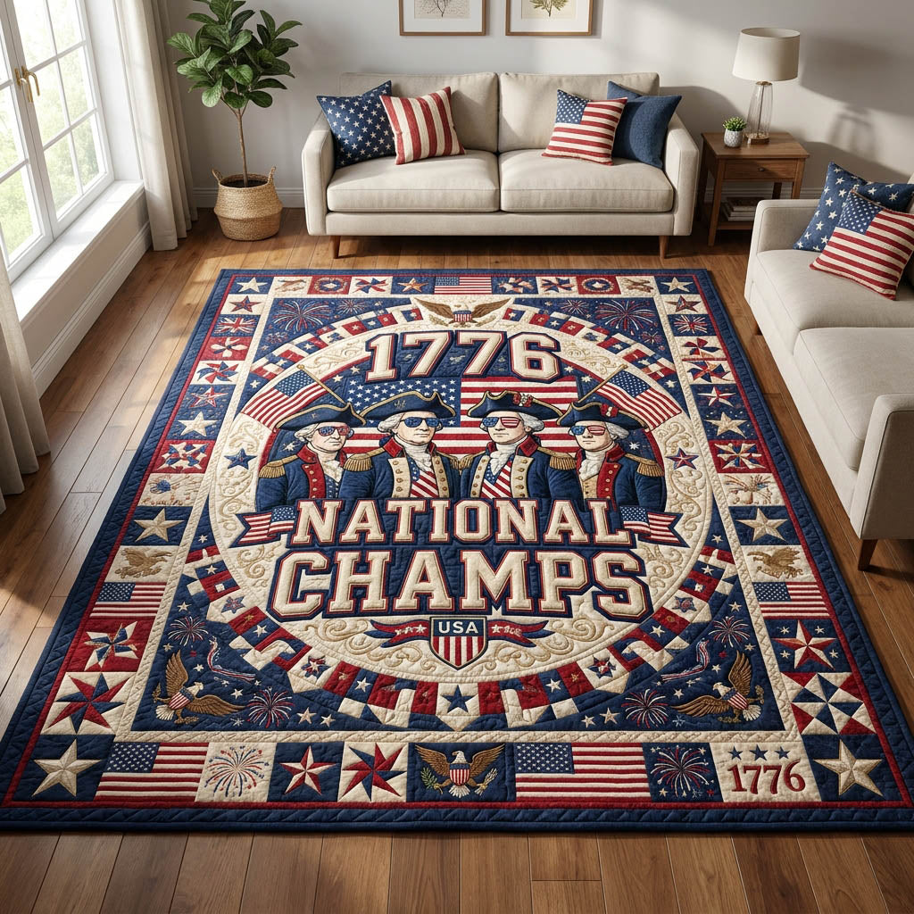 1776 National Champs area rug in a living room