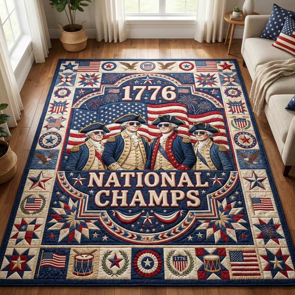 1776 National Champs area rug in a living room