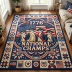 1776 National Champs area rug in a living room