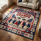 1776 National Champs area rug in a living room