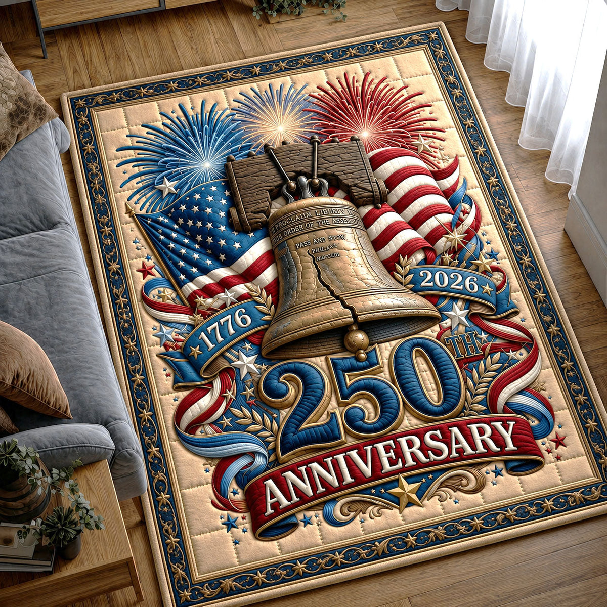 250 Anniversary USA area rug in a living room