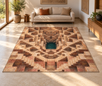 Symmetrical sandstone stepwell staircases descending toward a dark teal pool printed as an optical illusion on a complete flat rectangular area rug