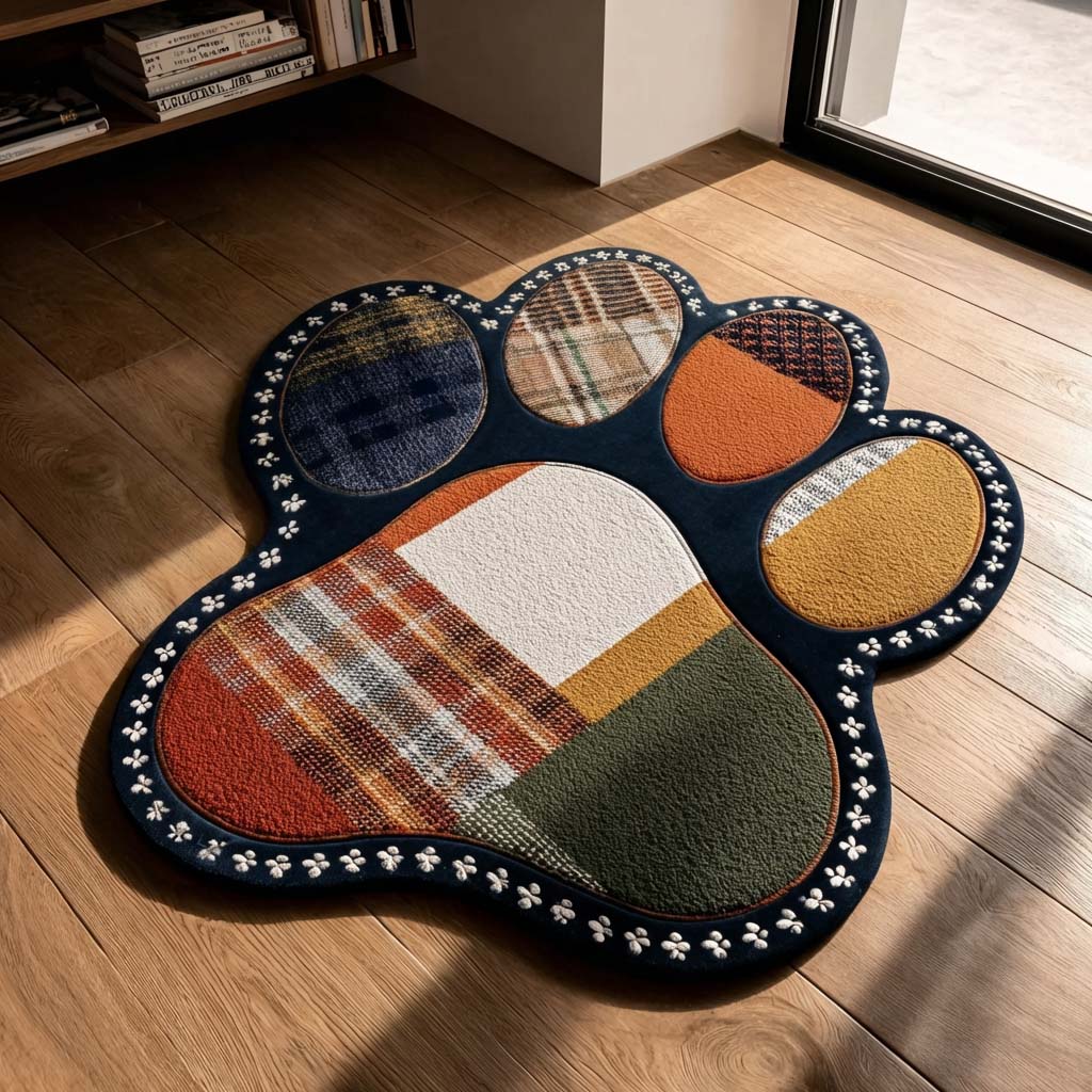 Abstract Mosaic Paw Custom Shape Area Rug - Cute Animal Design | Die-Cut Non-Slip Rug - washable non-slip printed rug