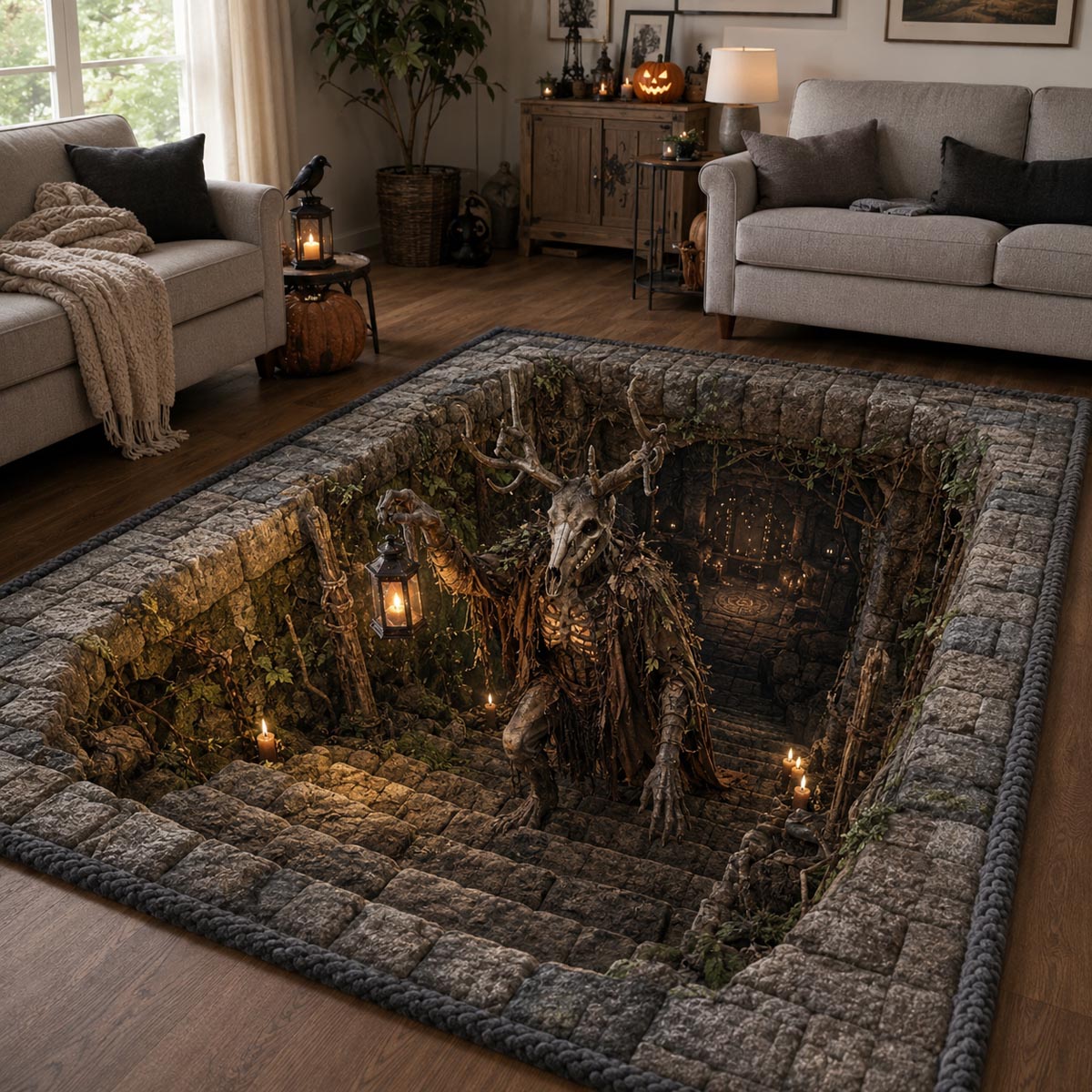 Abyss Guardian area rug in a living room