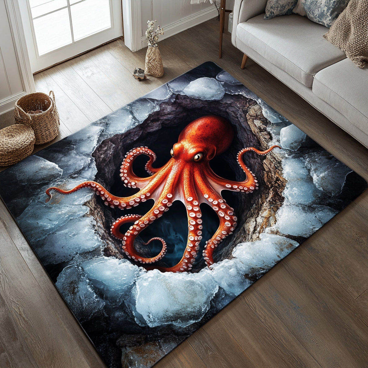 Abyss Wanderer area rug in a living room