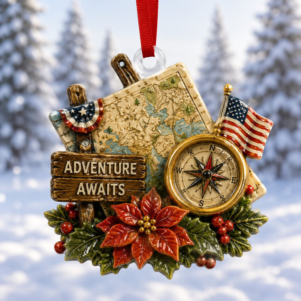 Adventure Awaits Compass Map Christmas Ornament