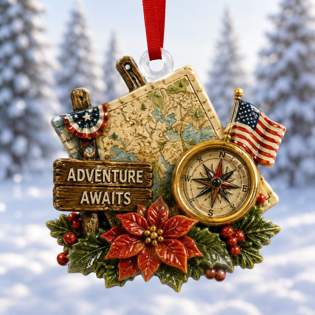 Adventure Awaits Compass Map Christmas Ornament