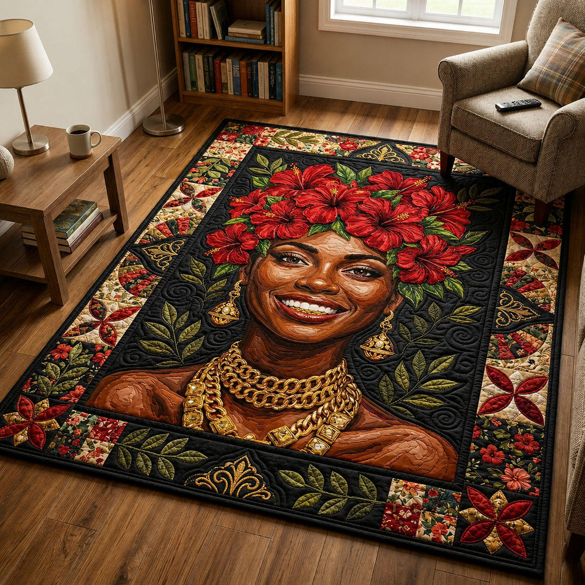 African Beauty Blooms area rug in a living room