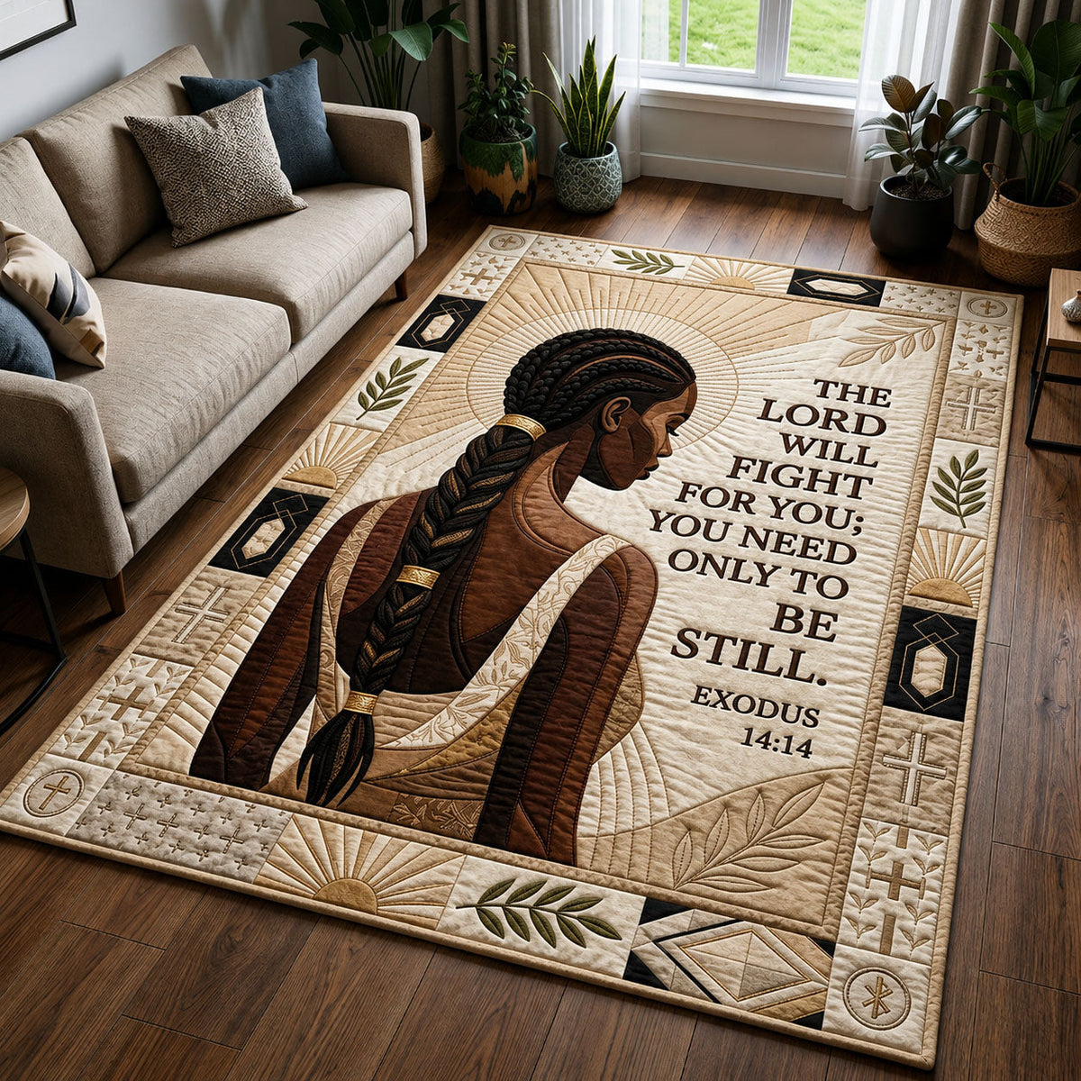 African Braids Bible Quote area rug in a living room
