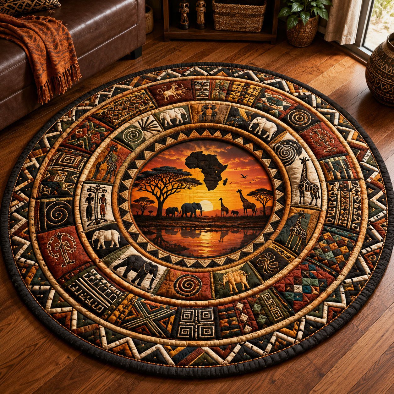 African Earthtone Heritage Medallion Round Mat Rug - washable non-slip printed rug