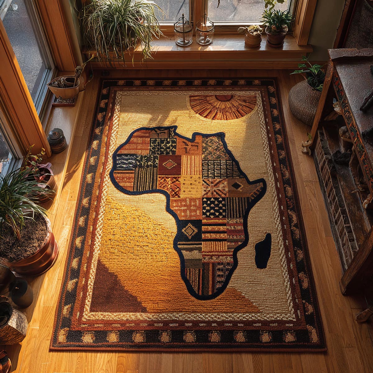 African Horizon area rug in a living room