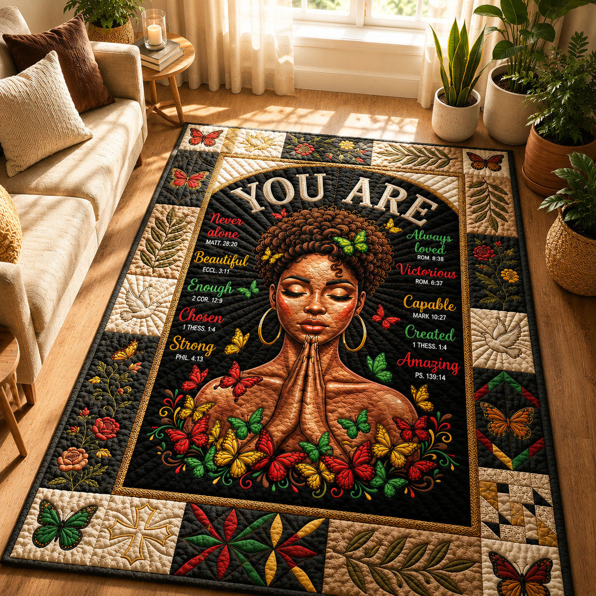 African Queen Bible Quote area rug in a living room
