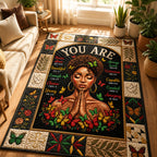African Queen Bible Quote area rug in a living room