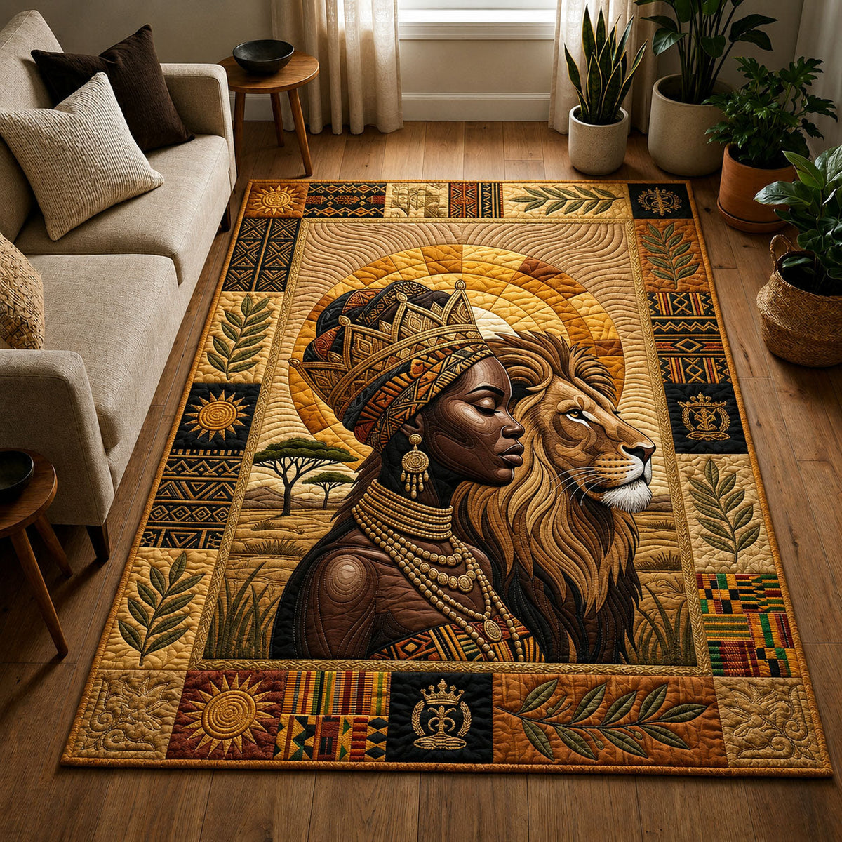 African Queen Lion area rug in a living room