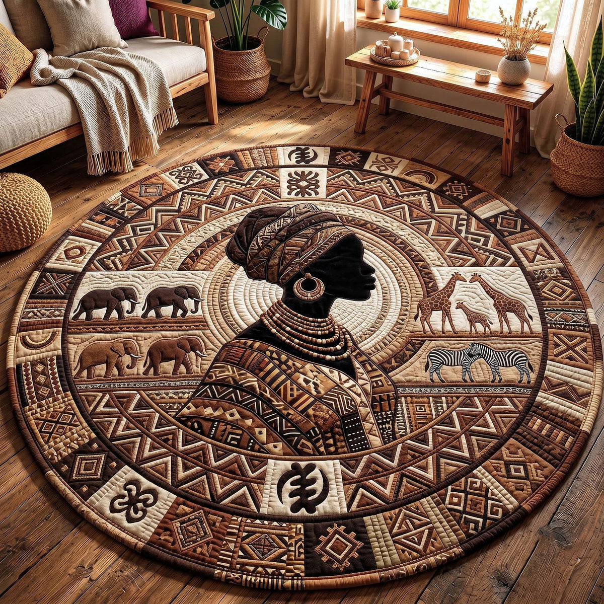 African Roots Round Mat Rug - washable non-slip printed rug