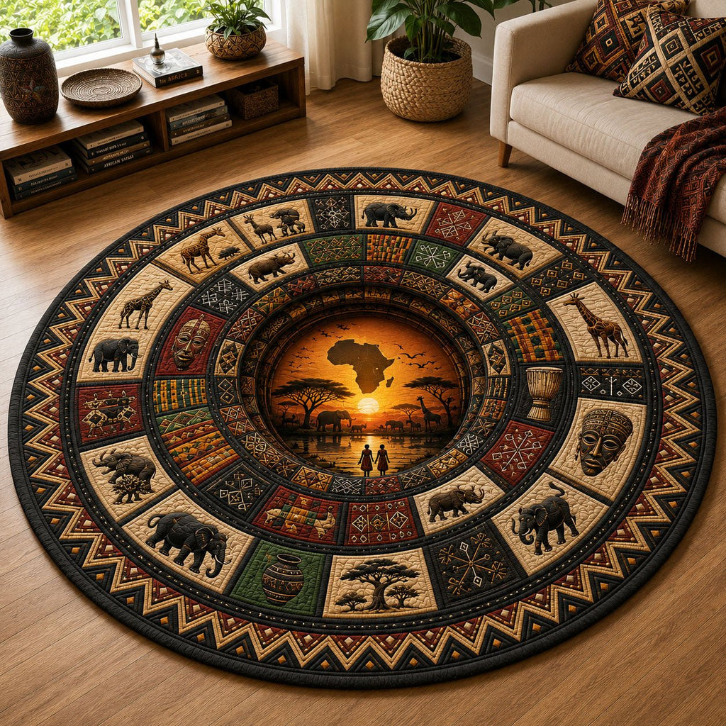 African Tribal Wildlife Patchwork Round Mat Rug - Cute Pet Design | Animal Printed Home Decor