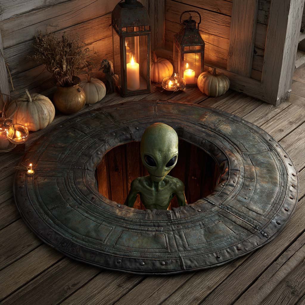 Alien Visitor Round Mat Rug - washable non-slip printed rug