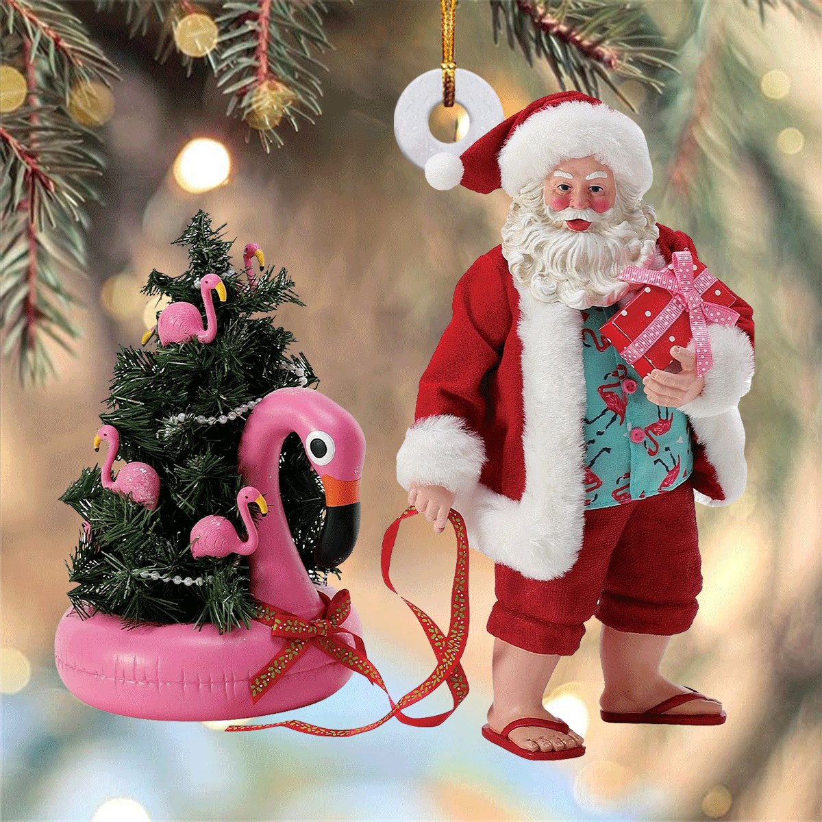 Beach Santa Flamingo Float Christmas Ornament