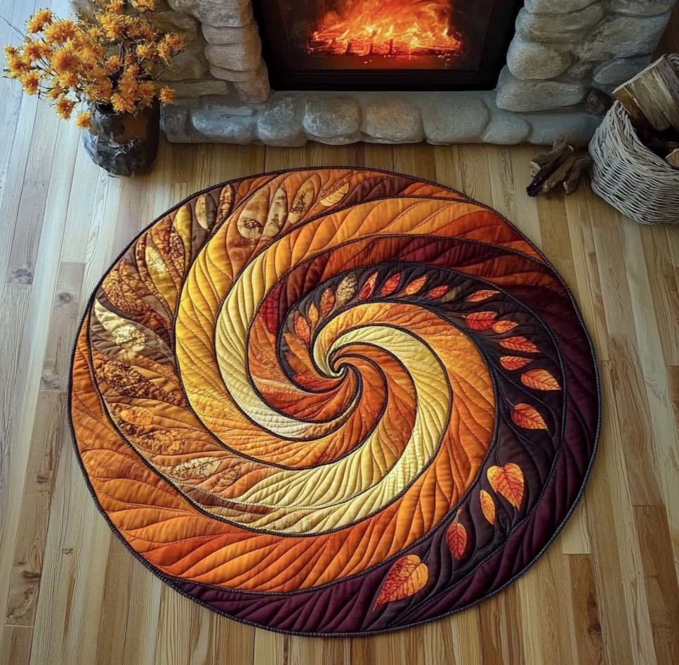 Amber Leaf Spiral Round Mat Rug - washable non-slip printed rug