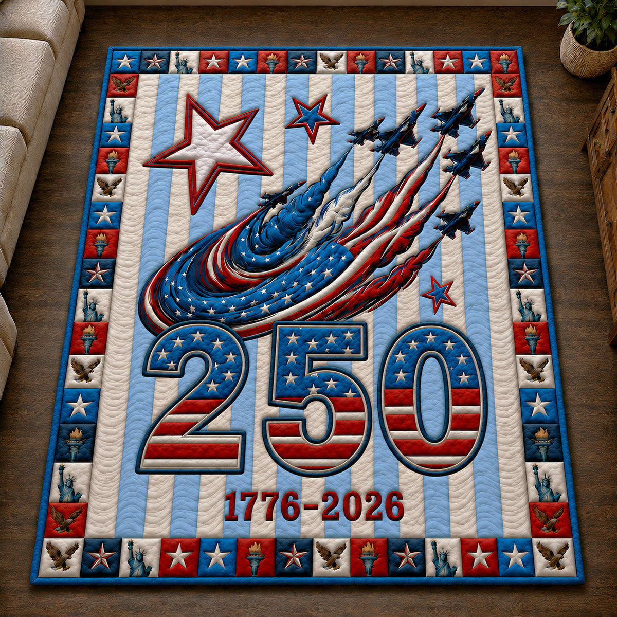 America 250 area rug in a living room