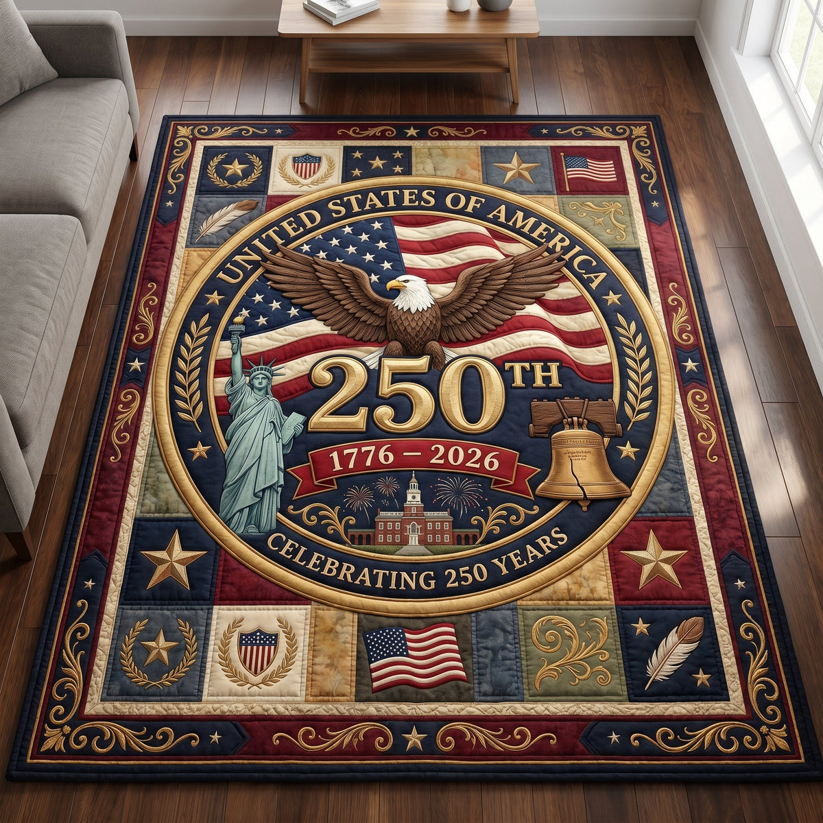 America 250 area rug in a living room