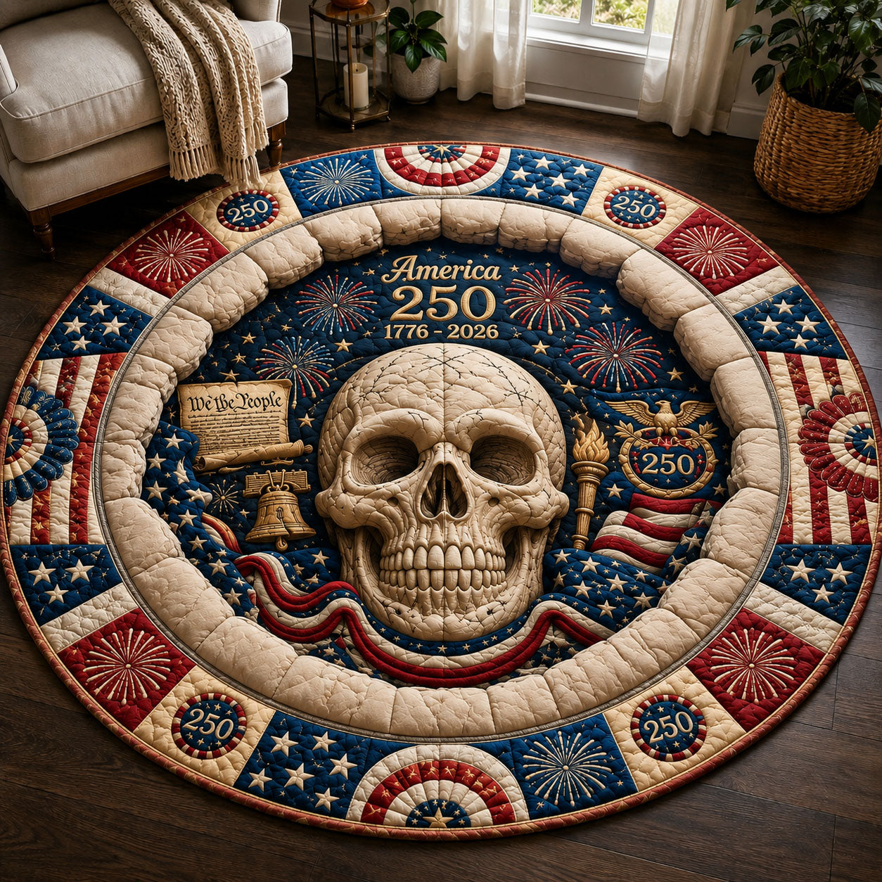 America 250 Fireworks Skull Round Mat Rug