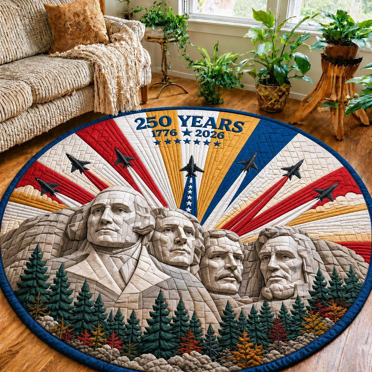 America 250 Rushmore Round Mat Rug - washable non-slip printed rug