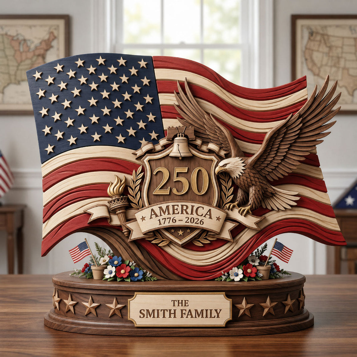 America Flag Wave wooden block, laser-cut 3-layer wood