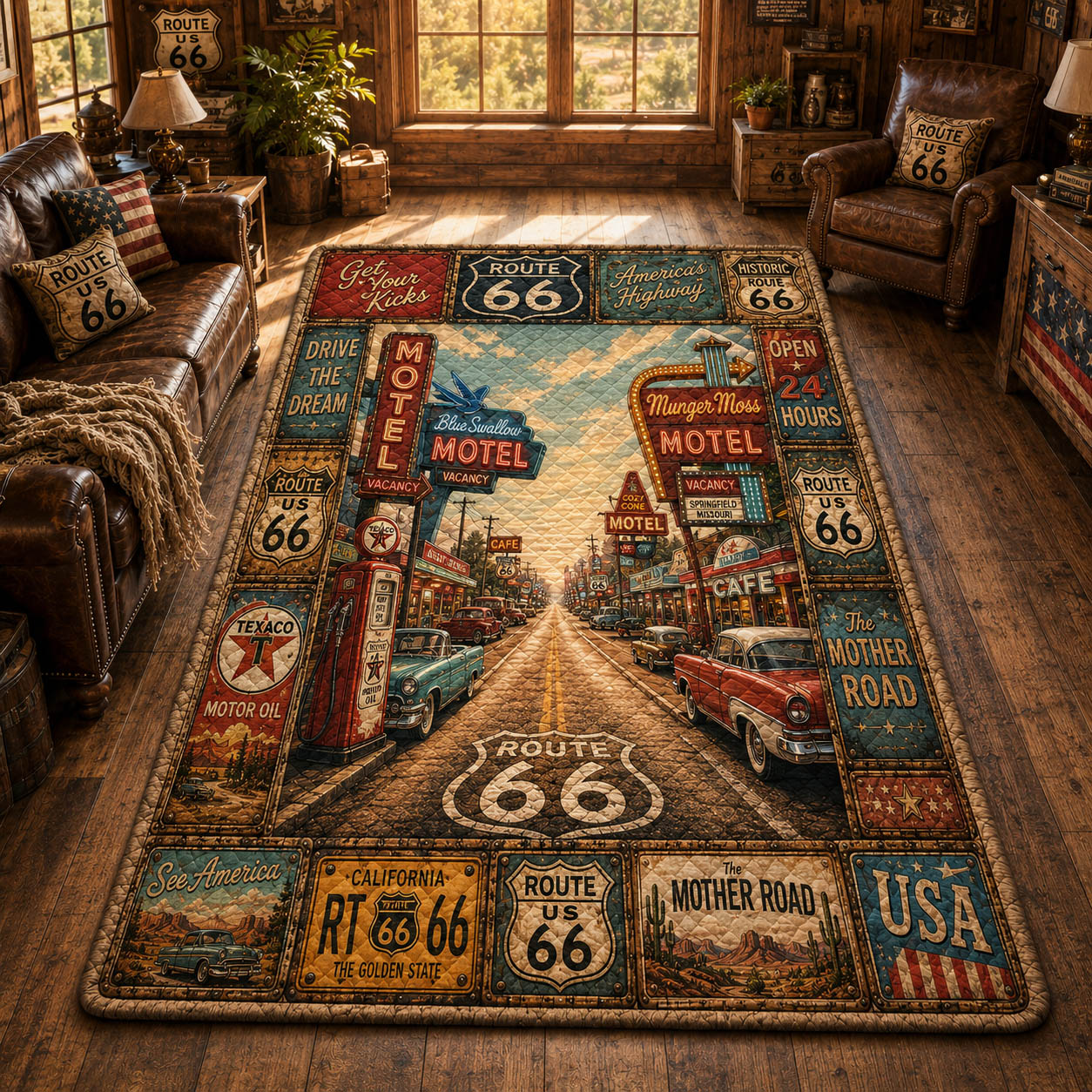 America Route 66 100 Years area rug in a living room