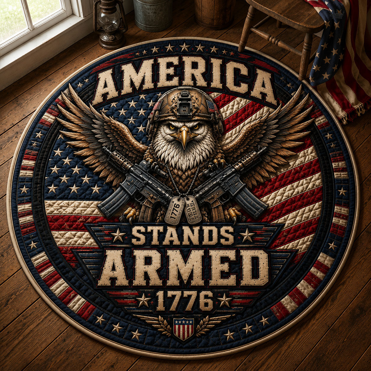 America Stands Armed Round Mat Rug