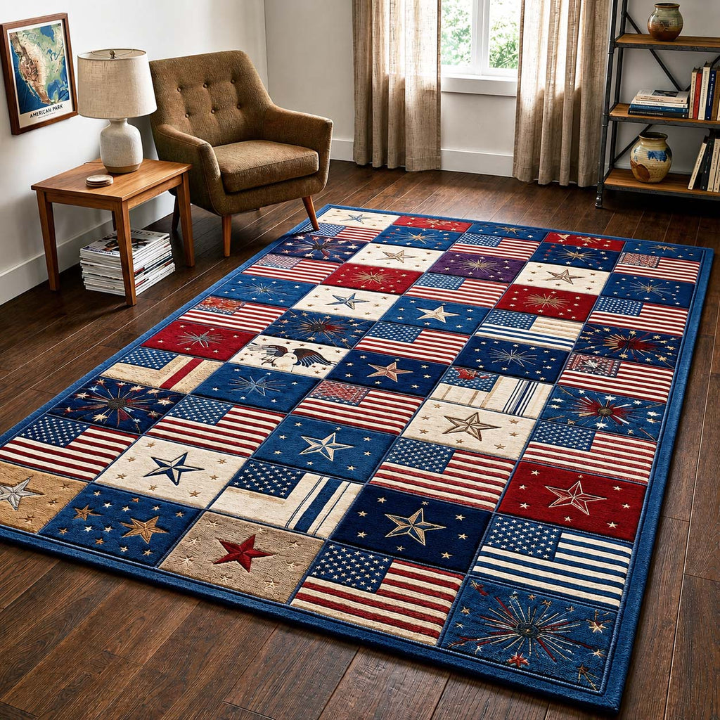 American Flag area rug in a living room