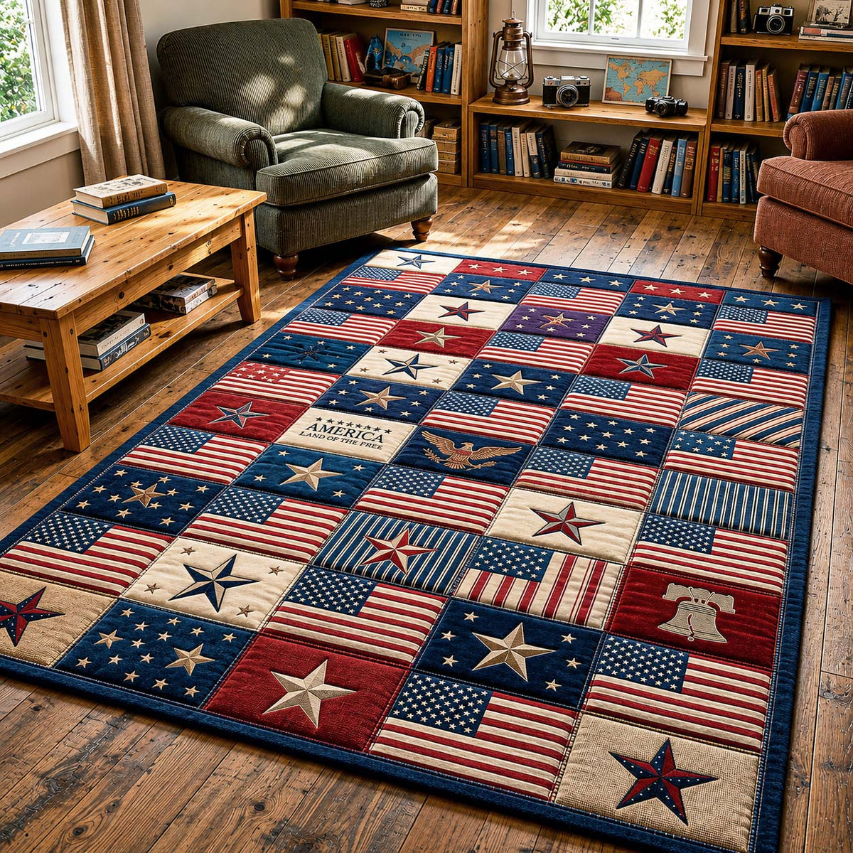 American Flag area rug in a living room