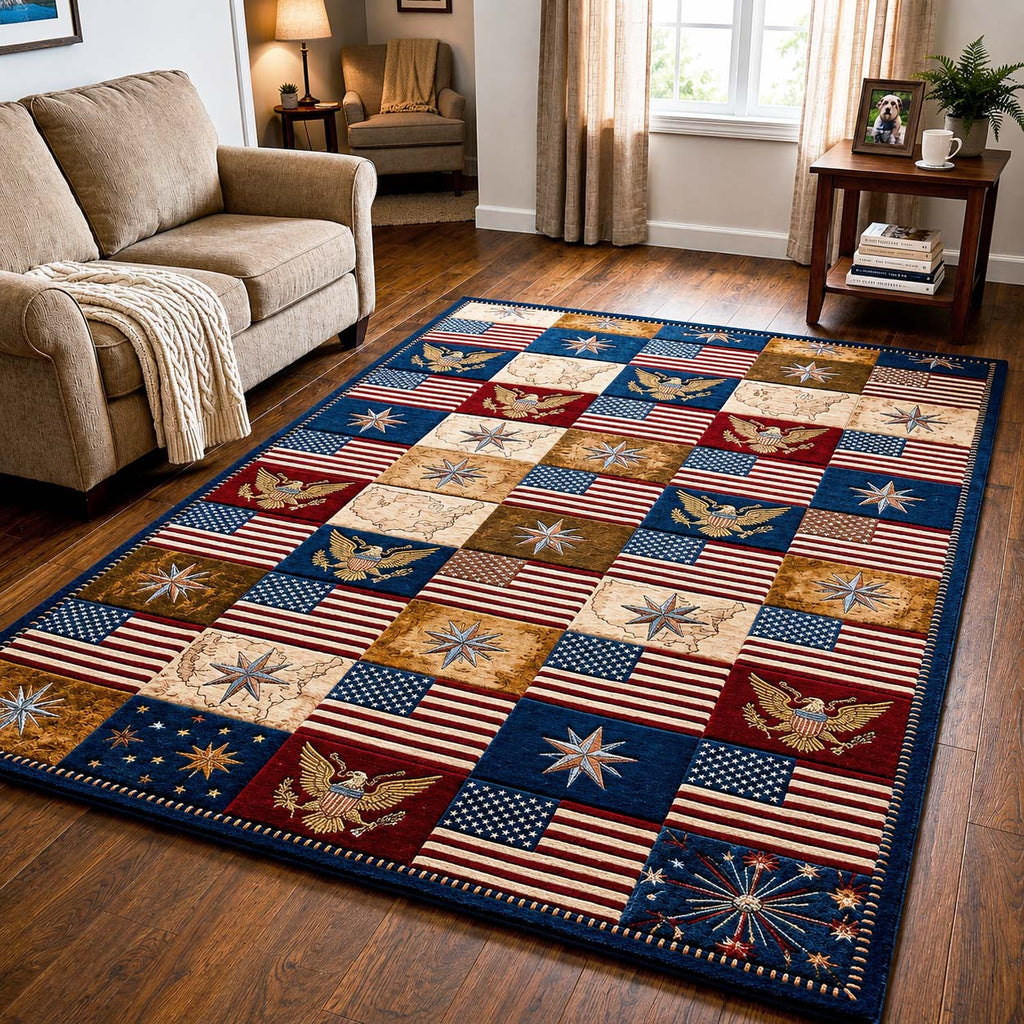 American Flag area rug in a living room