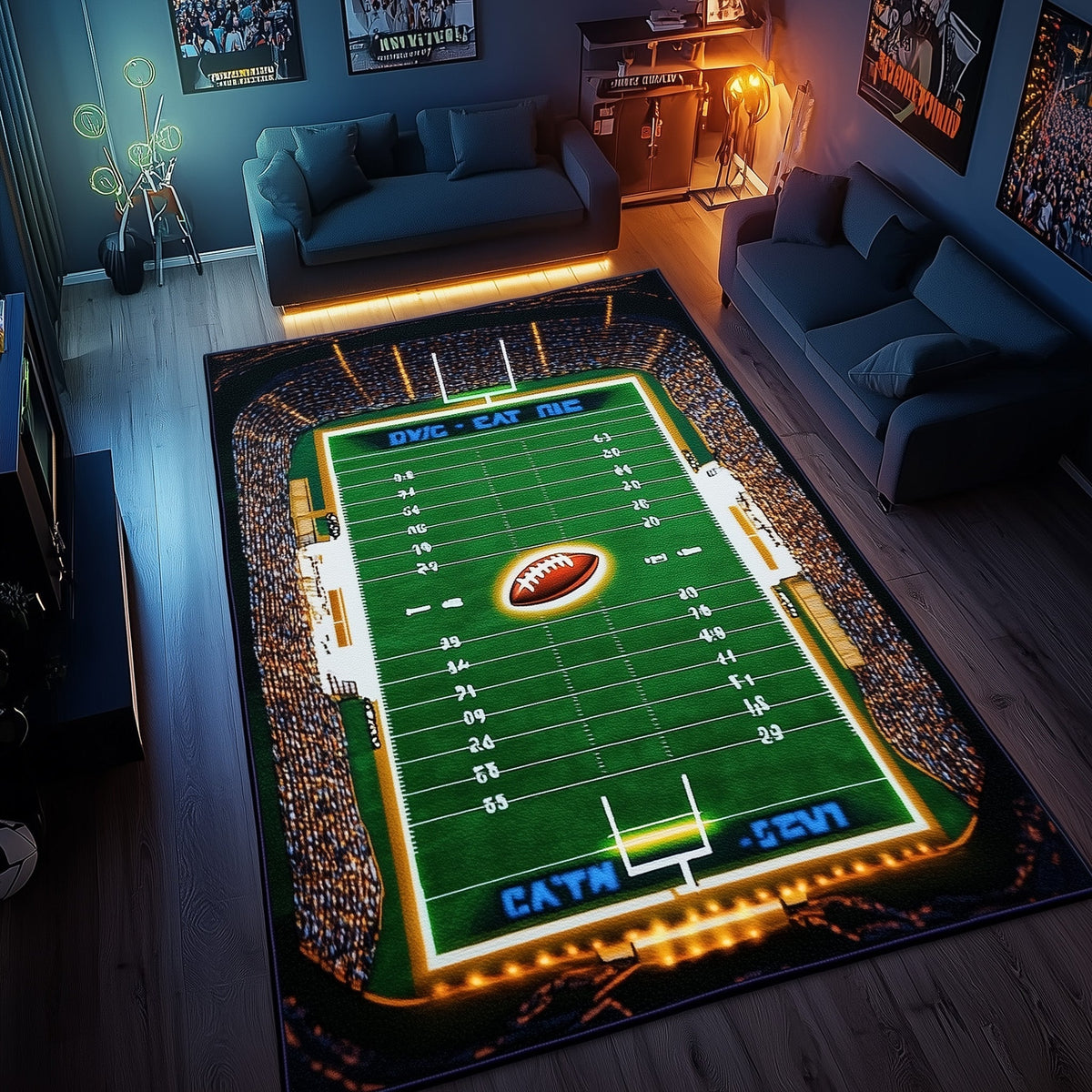 American Football Stadium area rug in a living room
