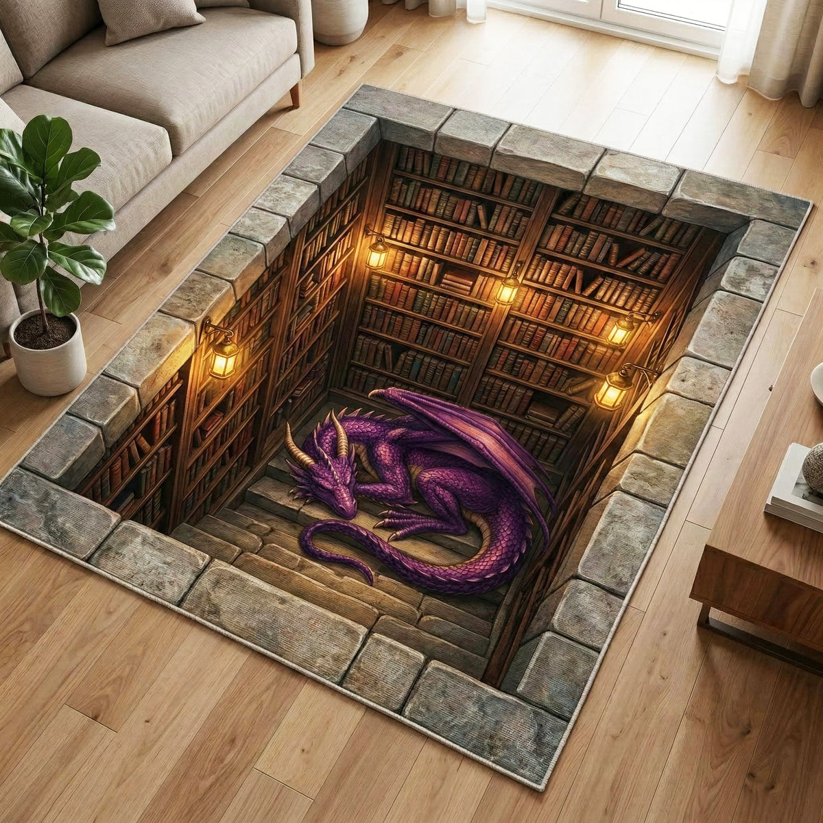 Amethyst Dragon area rug in a living room