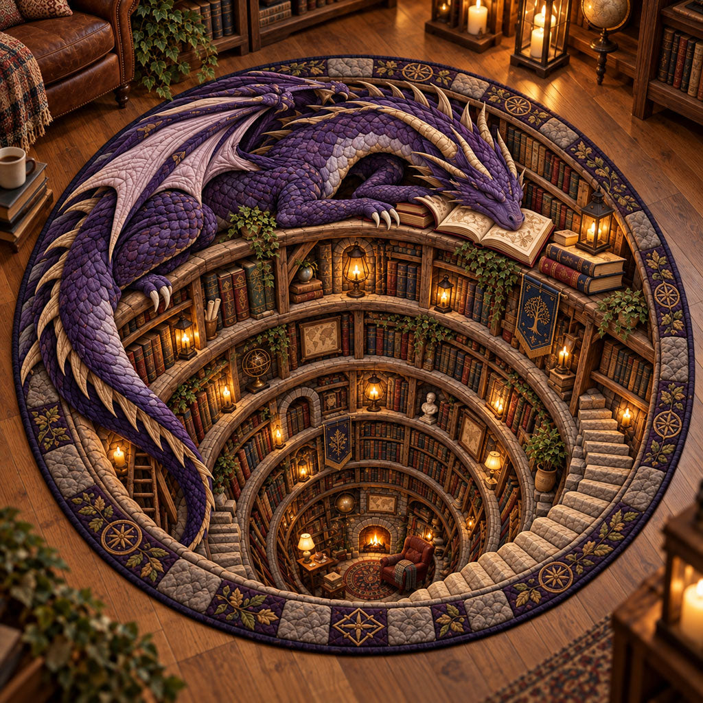 Amethyst Dragon Library Vortex Round Mat Rug - Cute Animal Design | Charming Home Decor - washable non-slip printed rug
