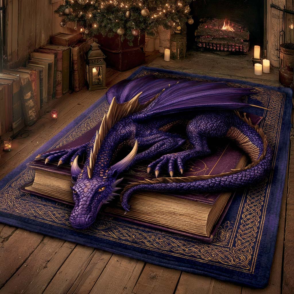 Amethyst Spellbound Dragon area rug in a living room