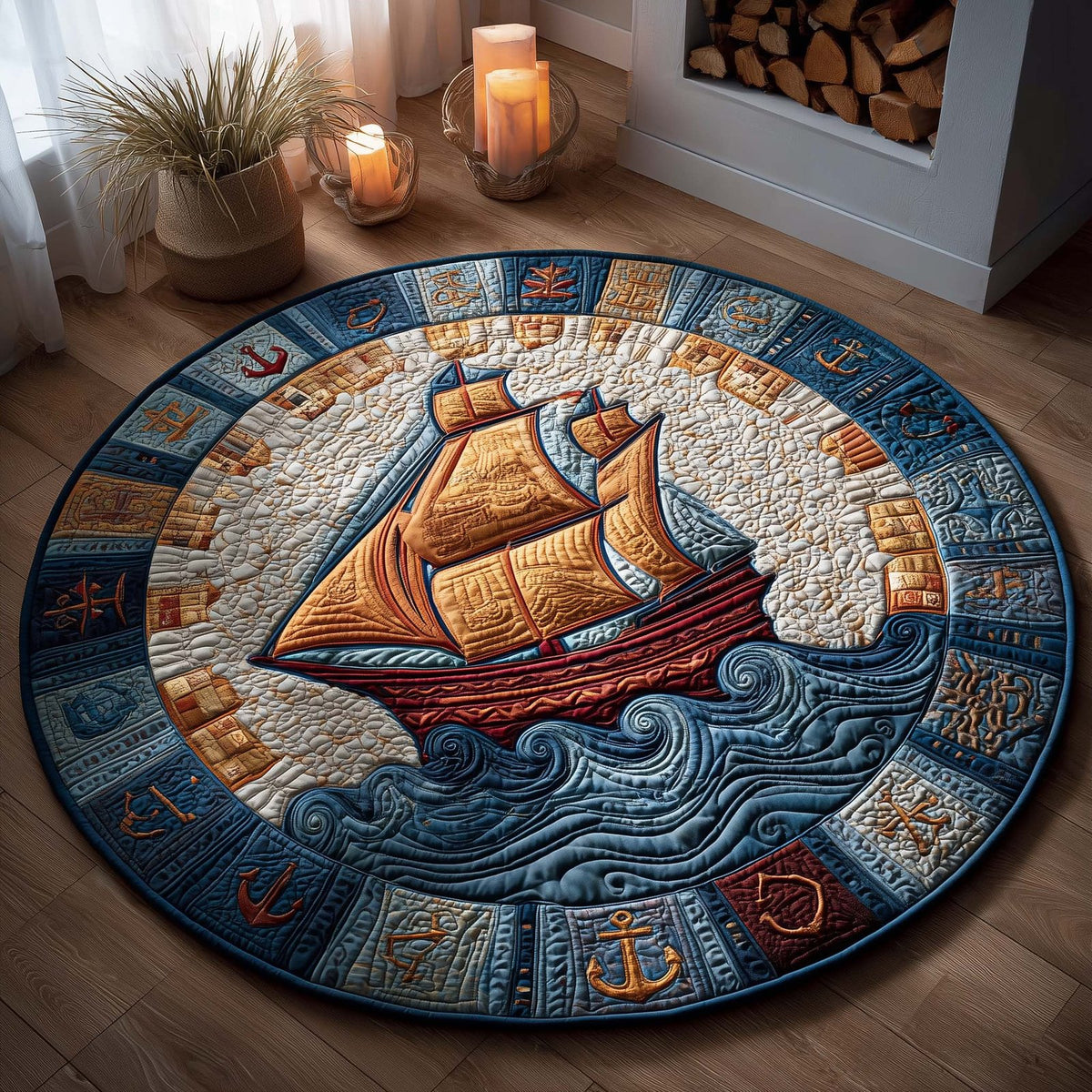 Anchor Voyage Round Mat Rug - washable non-slip printed rug