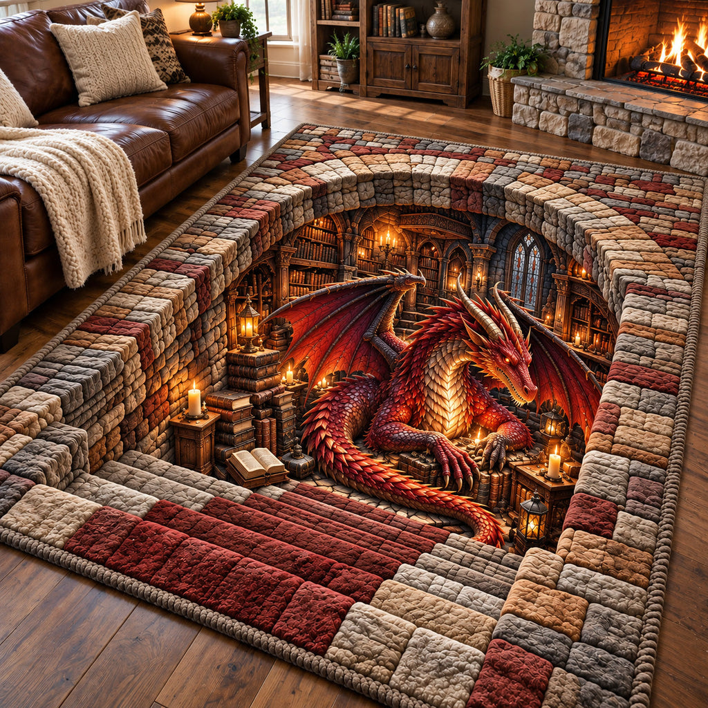 Ancient Library Dragon area rug in a living room