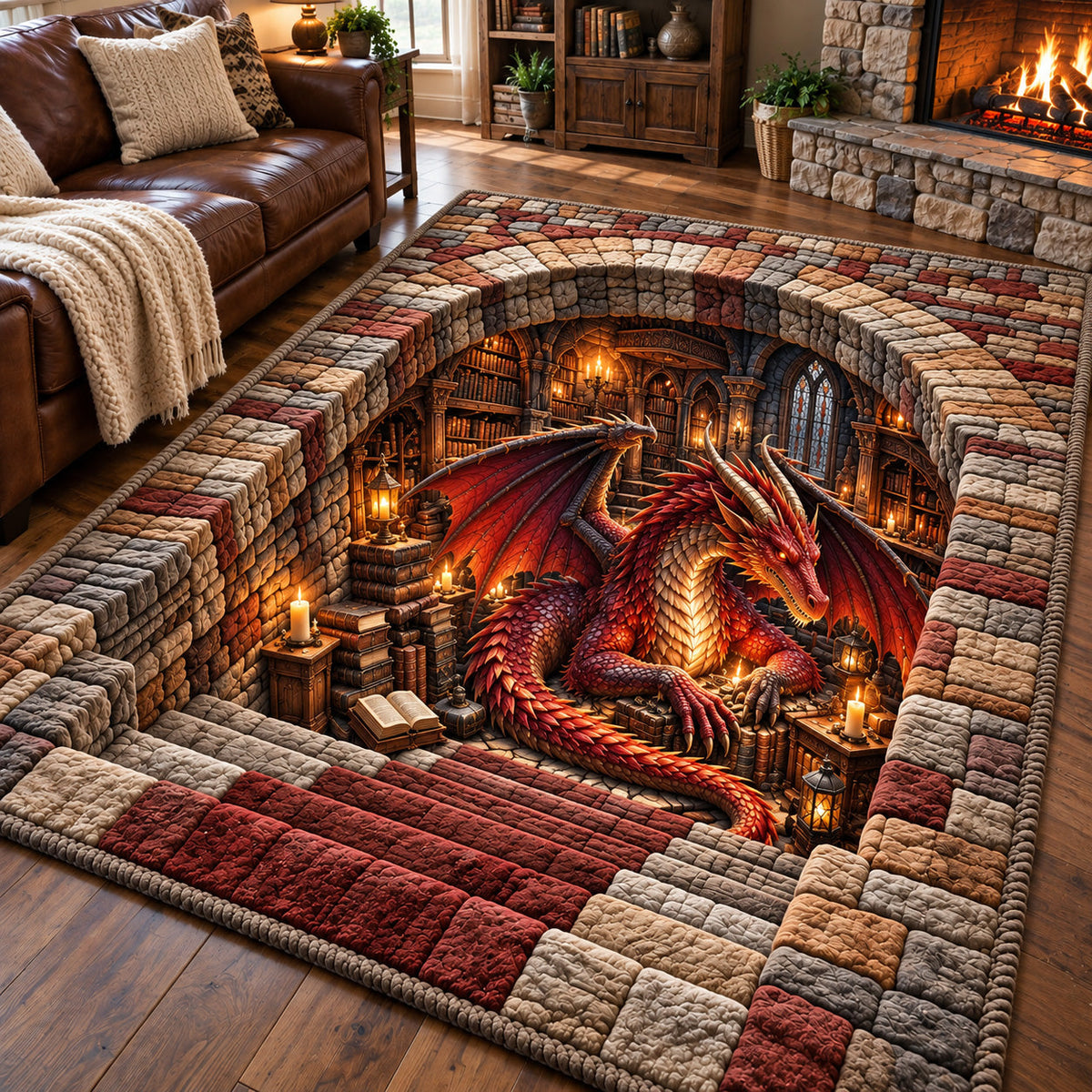 Ancient Library Dragon area rug in a living room