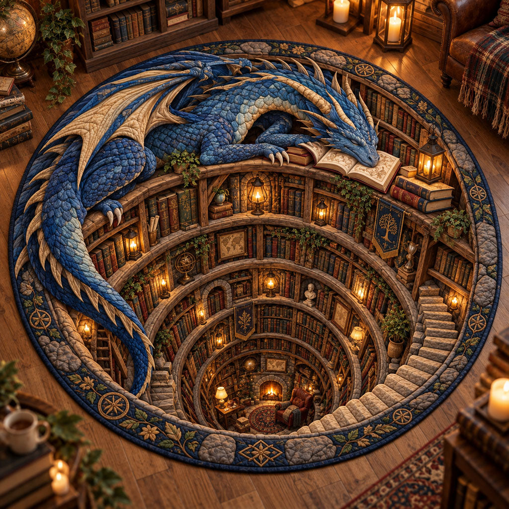 Ancient Library Portal Dragon Round Mat Rug - Cute Animal Design | Charming Home Decor - washable non-slip printed rug