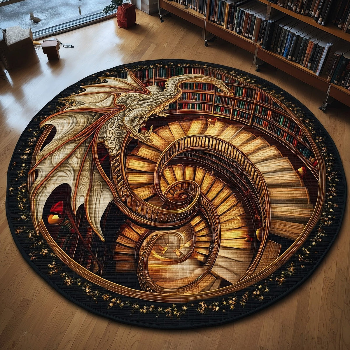 Ancient Library Round Mat Rug - washable non-slip printed rug