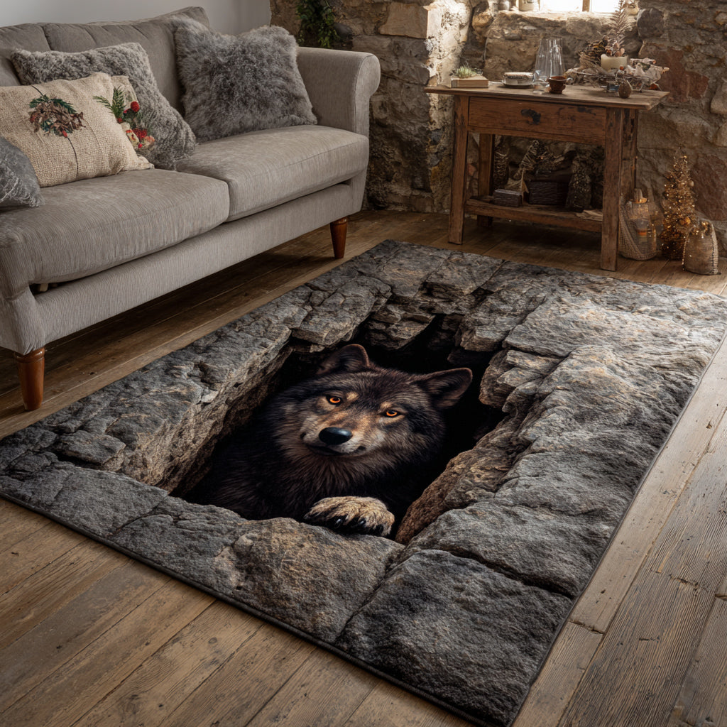 Ancient Wolf Abyss area rug in a living room