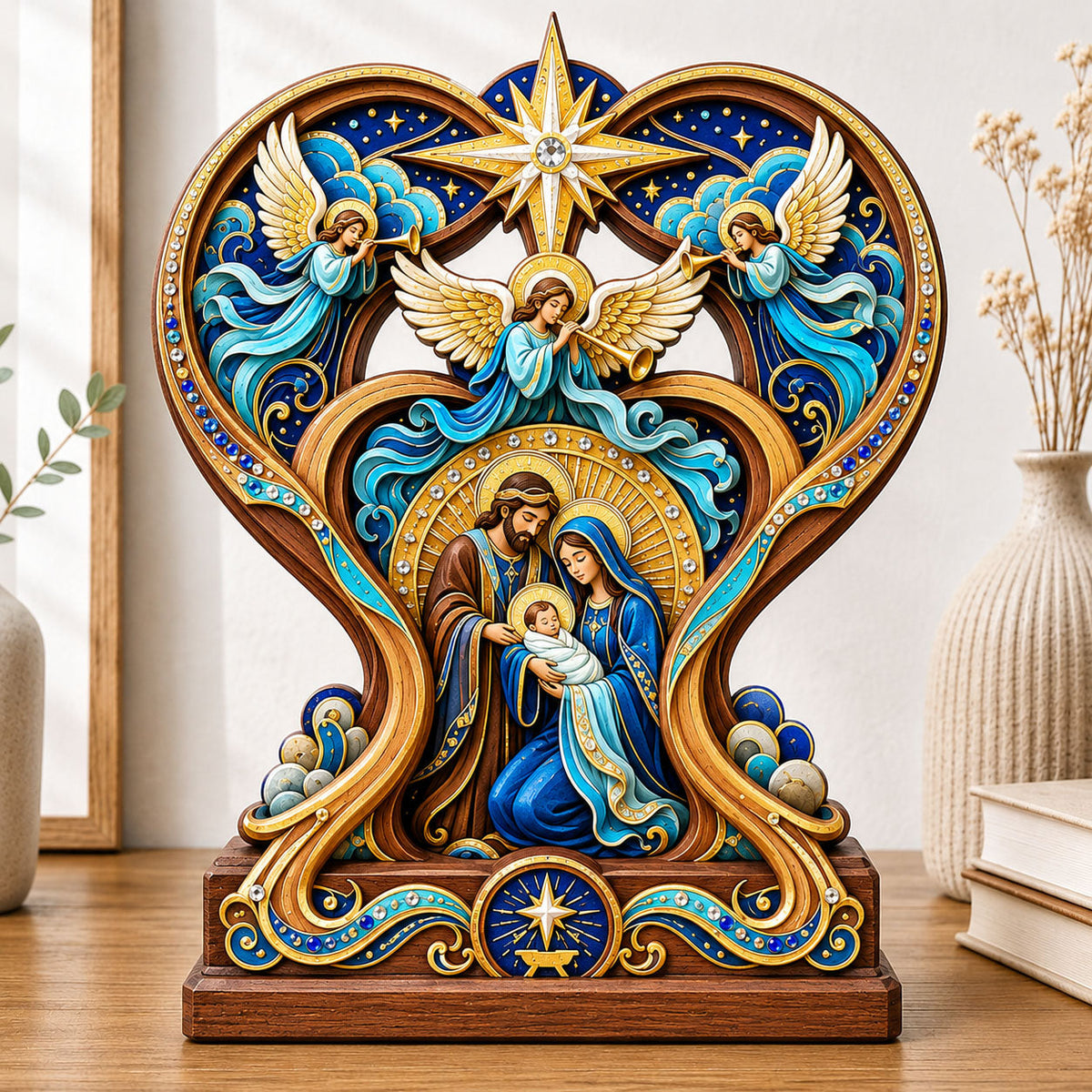 Angel Nativity Heart wooden block, laser-cut 3-layer wood