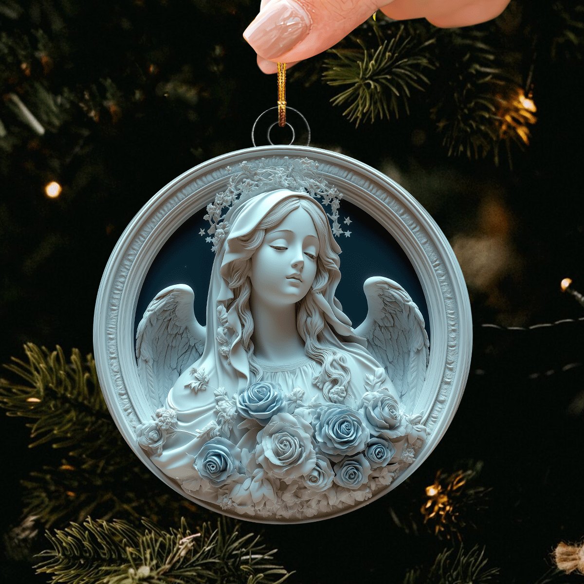White Relief Rose Angel Christmas Ornament