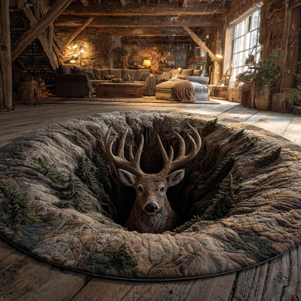 Antler Stag Abyss Round Mat Rug - washable non-slip printed rug