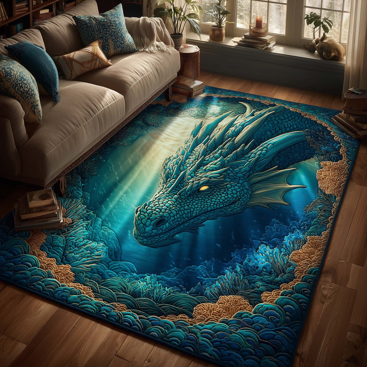 Aqua Abyss area rug in a living room