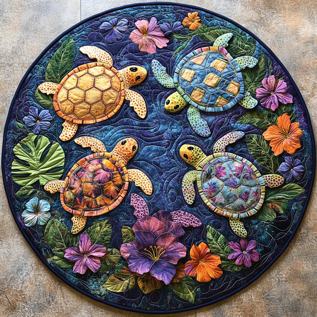 Aqua Bloom Oasis Round Mat Rug - washable non-slip printed rug