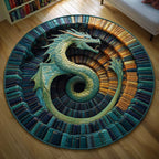 Aqua Dragon Round Mat Rug - washable non-slip printed rug